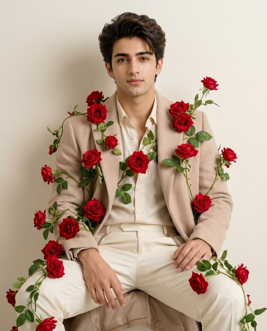 Floral fashion man AI prompt | Red roses, beige suit & editorial portrait