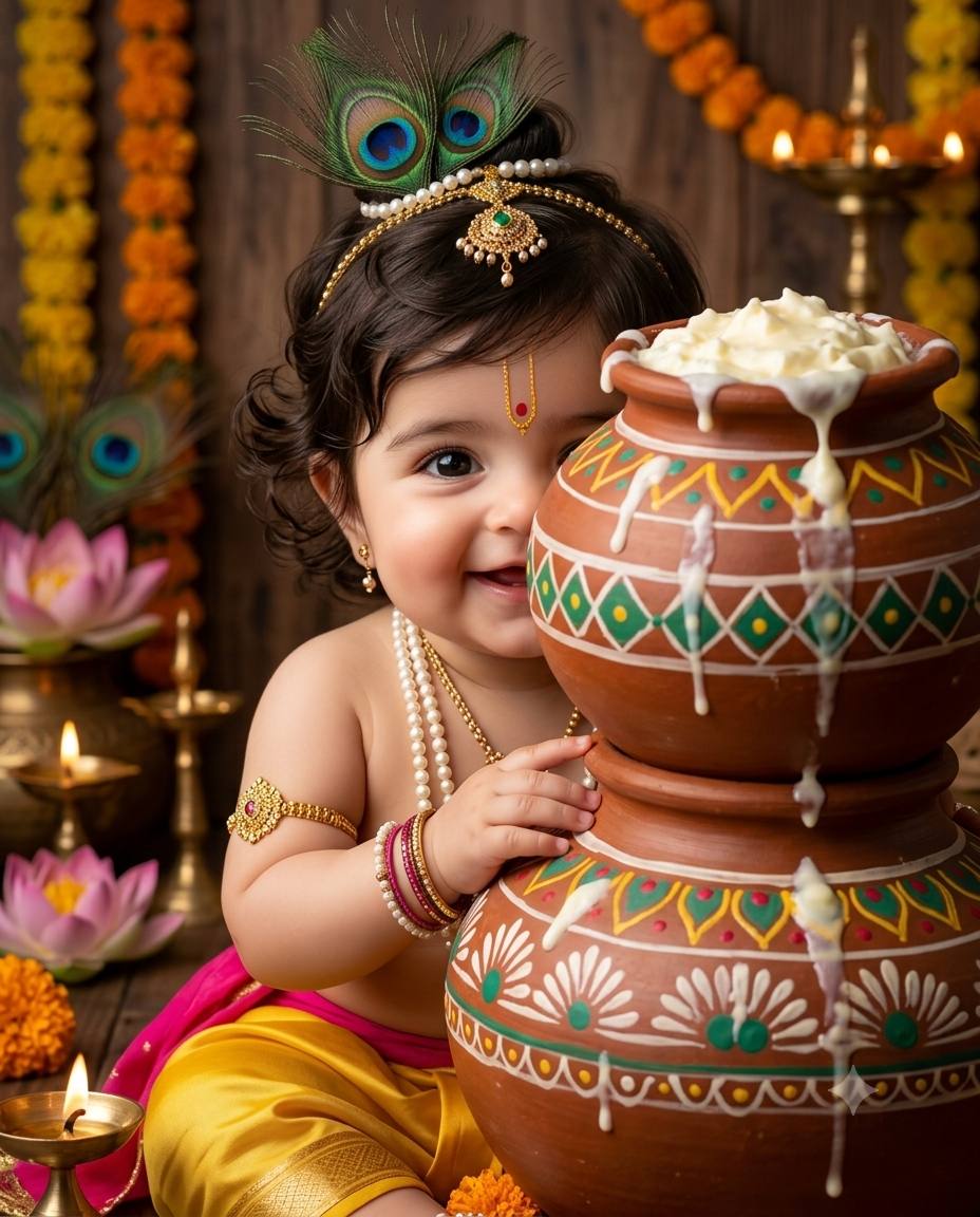 Mischievous Baby Krishna AI Image Prompt | Clay Pot Peek-a-Boo Portrait