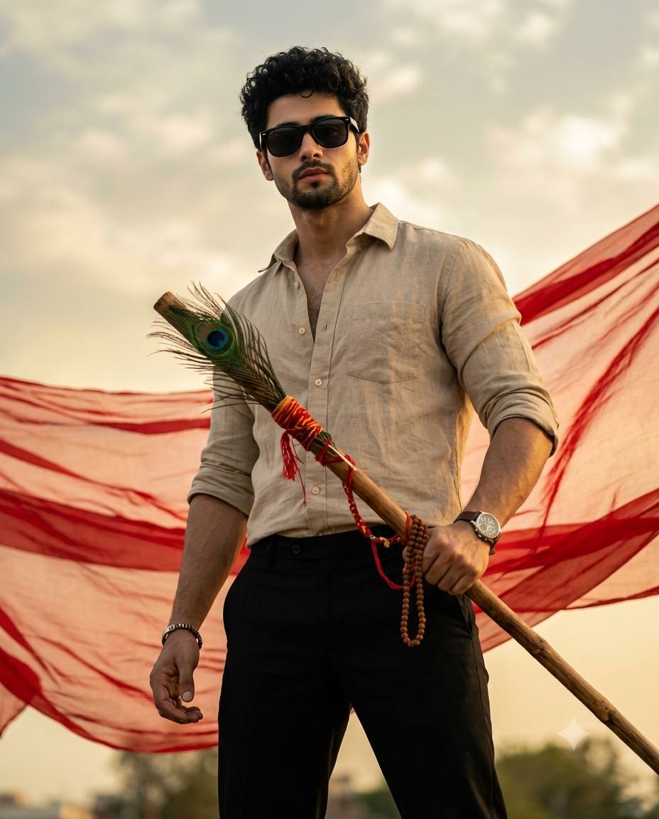 Modern Krishna Look: Stylish Man with Flute Staff & Flowing Red Fabric AI Image Prompt