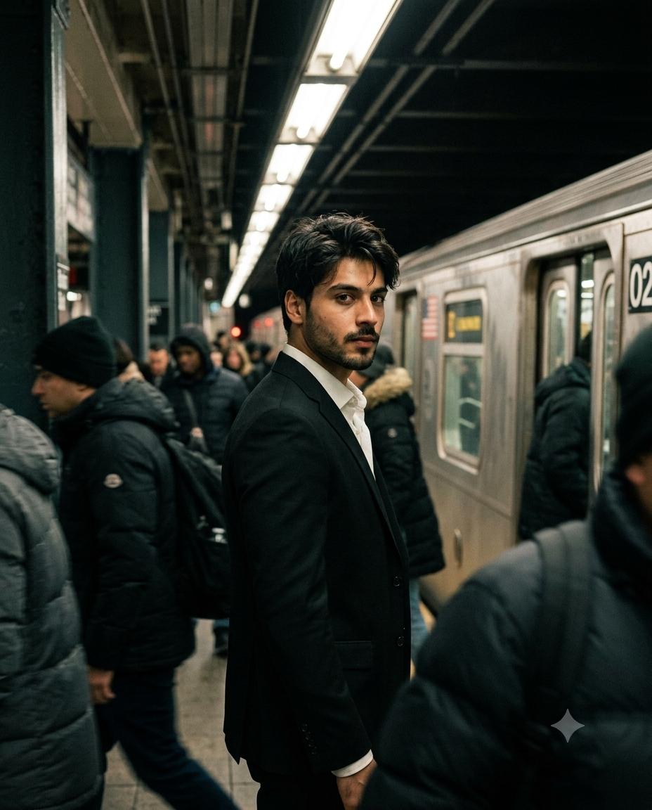Man Modern Noir Subway Portrait AI Image Prompt | Sharp Suit & Cinematic Urban Thriller Style