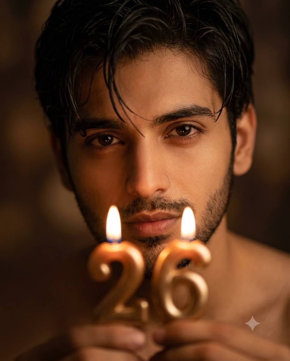 Cinematic 26th birthday Young Man AI prompt | Lit candles, wet hair & intense eyes