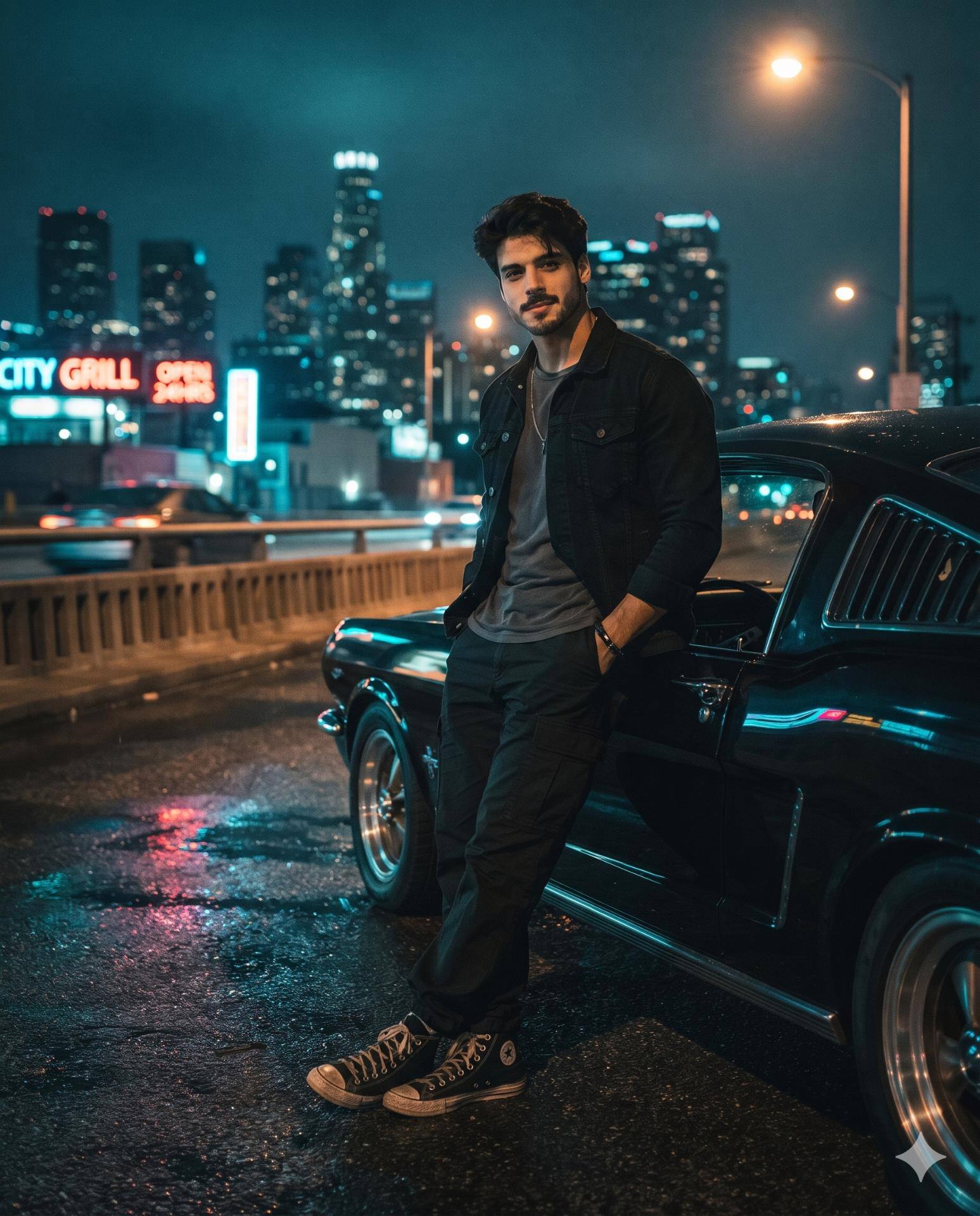 Cinematic Night Portrait AI Image Prompt Gemini | Classic 1960s Ford Mustang & Urban Streetwear Aesthetic