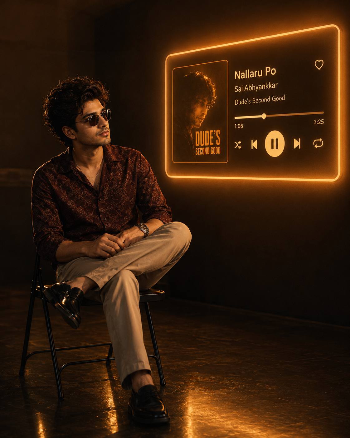 Moody Music Player Portrait Prompt | Cinematic Amber Neon Male Photography