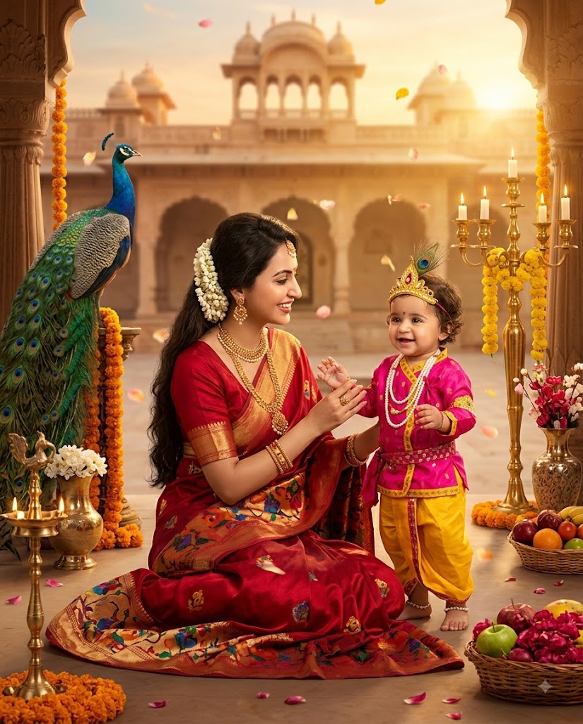 Mother and Little Krishna AI Photo – Joyful Traditional Janmashtami Portrait