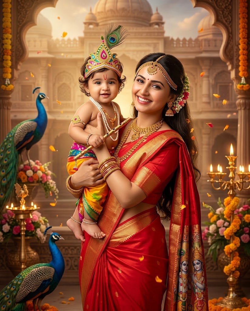 Mother Holding Baby Krishna AI Photo – Divine Janmashtami Celebration Portrait