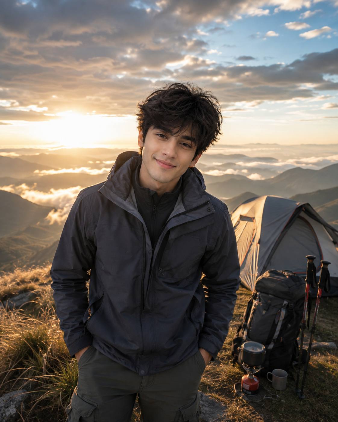 Mountain Camping Portrait Prompt | Ultra-Realistic 8K Outdoor Adventure Photography | AI image prompt