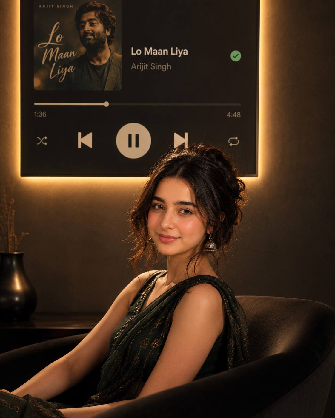 Music Player Portrait Prompt – Cinematic Moody Woman with Arijit Singh Song | AI image prompt