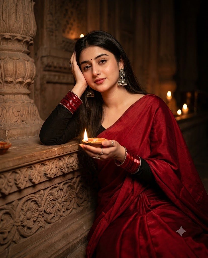 Mystical Red Silk Saree Woman Holding Diya in Cinematic Temple Portrait AI Image Prompt