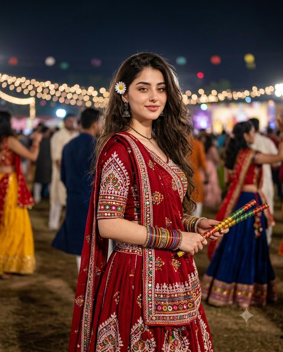 Navratri Garba woman portrait AI image prompt | Red lehenga, dandiya and festive Indian fashion