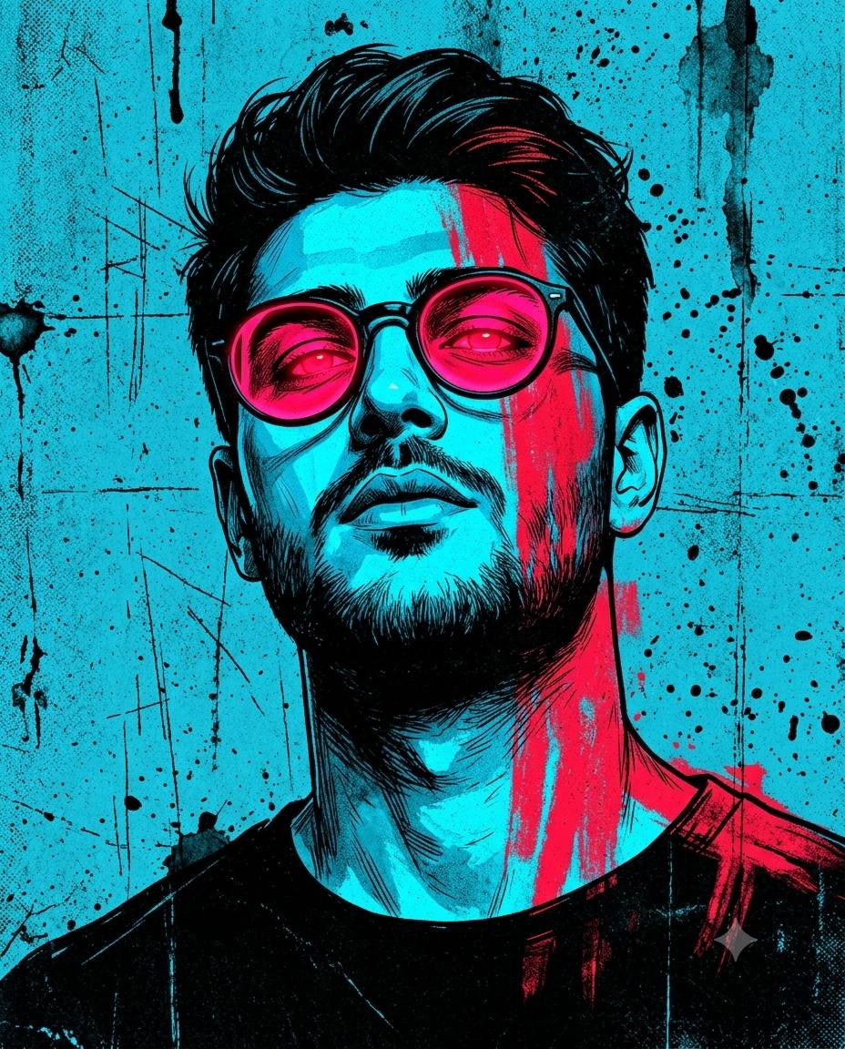 Neon grunge portrait AI prompt | Red-cyan neo-noir graphic novel style