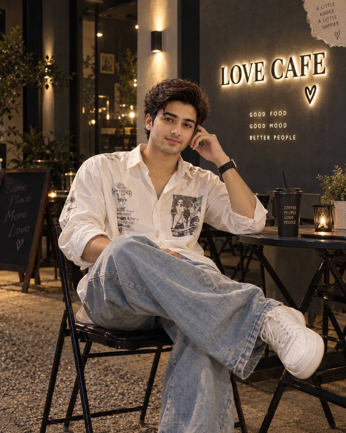 Night Café Portrait Prompt – Stylish Man at Love Cafe in Streetwear AI image prompt