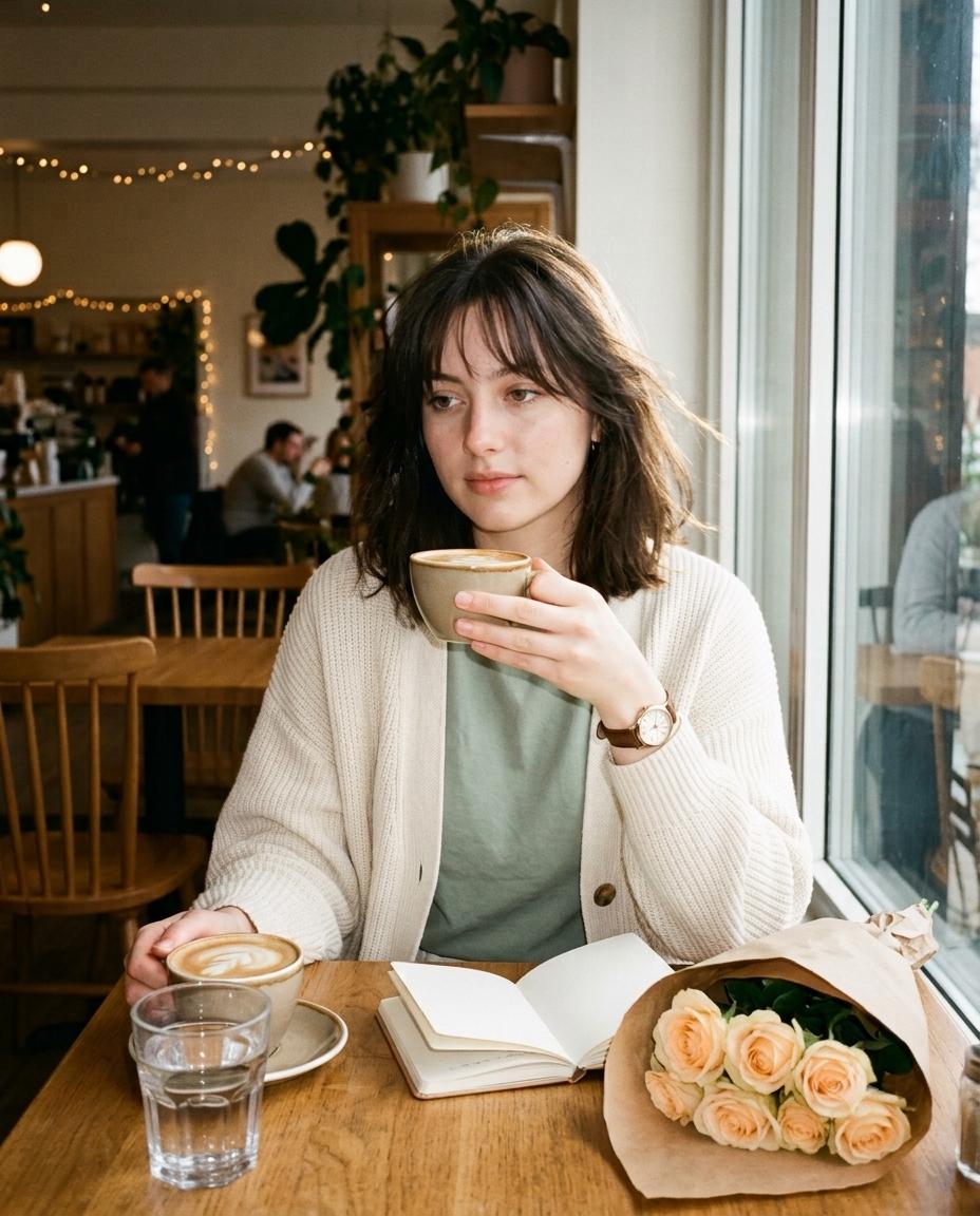 Nostalgic Early-2000s Café Portrait AI image Prompt | Vintage Digicam Aesthetic & Cozy Lifestyle