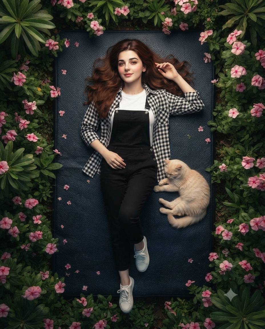 Cinematic Girl and Cat Portrait with Pink Flowers | AI Image Prompt