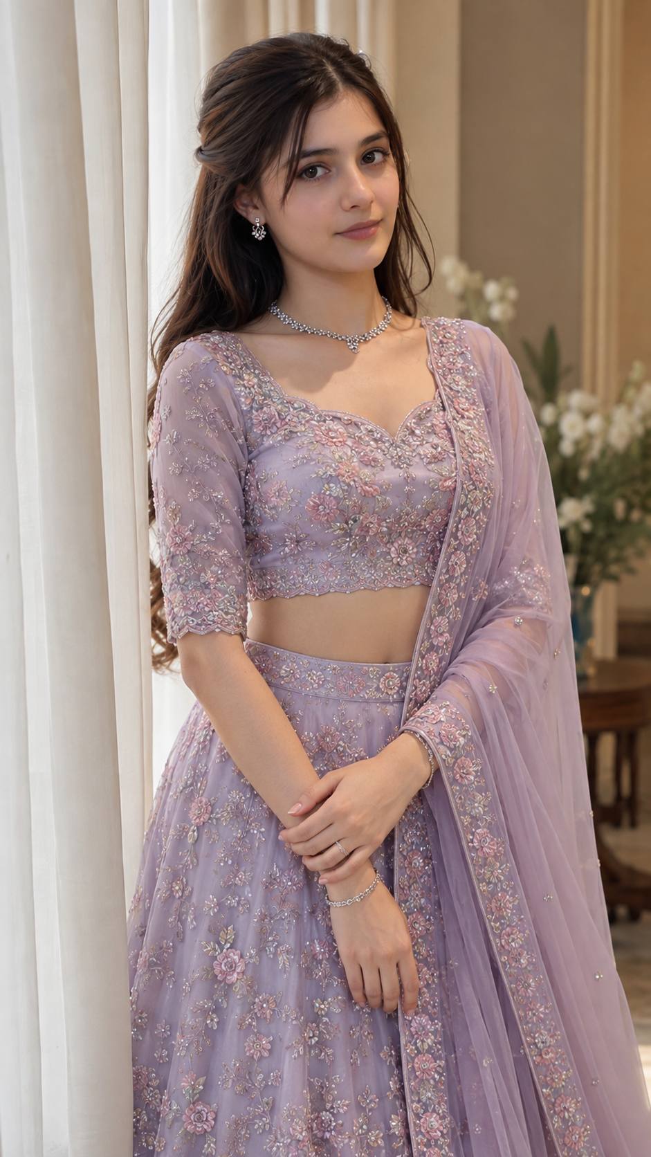 Pastel Lavender Designer Lehenga Portrait – Ultra-Realistic Indian Fashion Photography