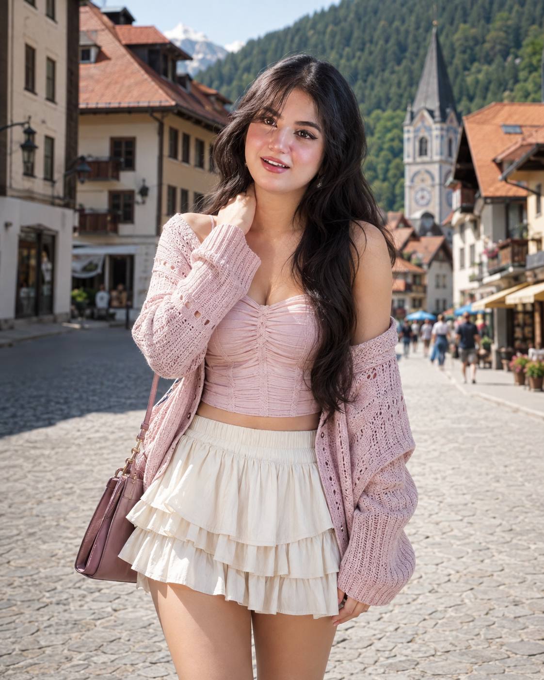 Pastel Pink Fashion Portrait on a Charming European Old-Town Street – Ultra-Realistic AI Image Prompt
