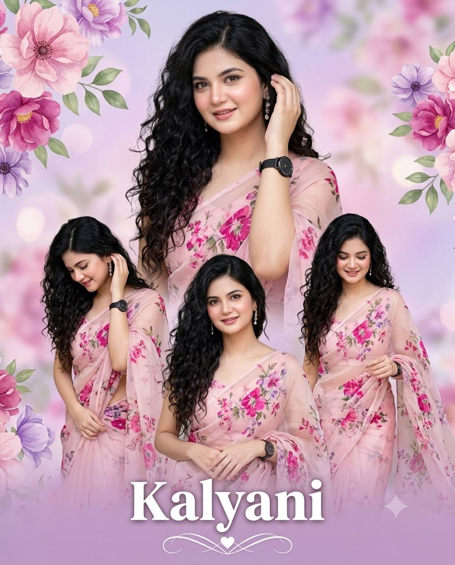 Pink floral saree collage AI prompt | Four-pose Indian fashion portrait