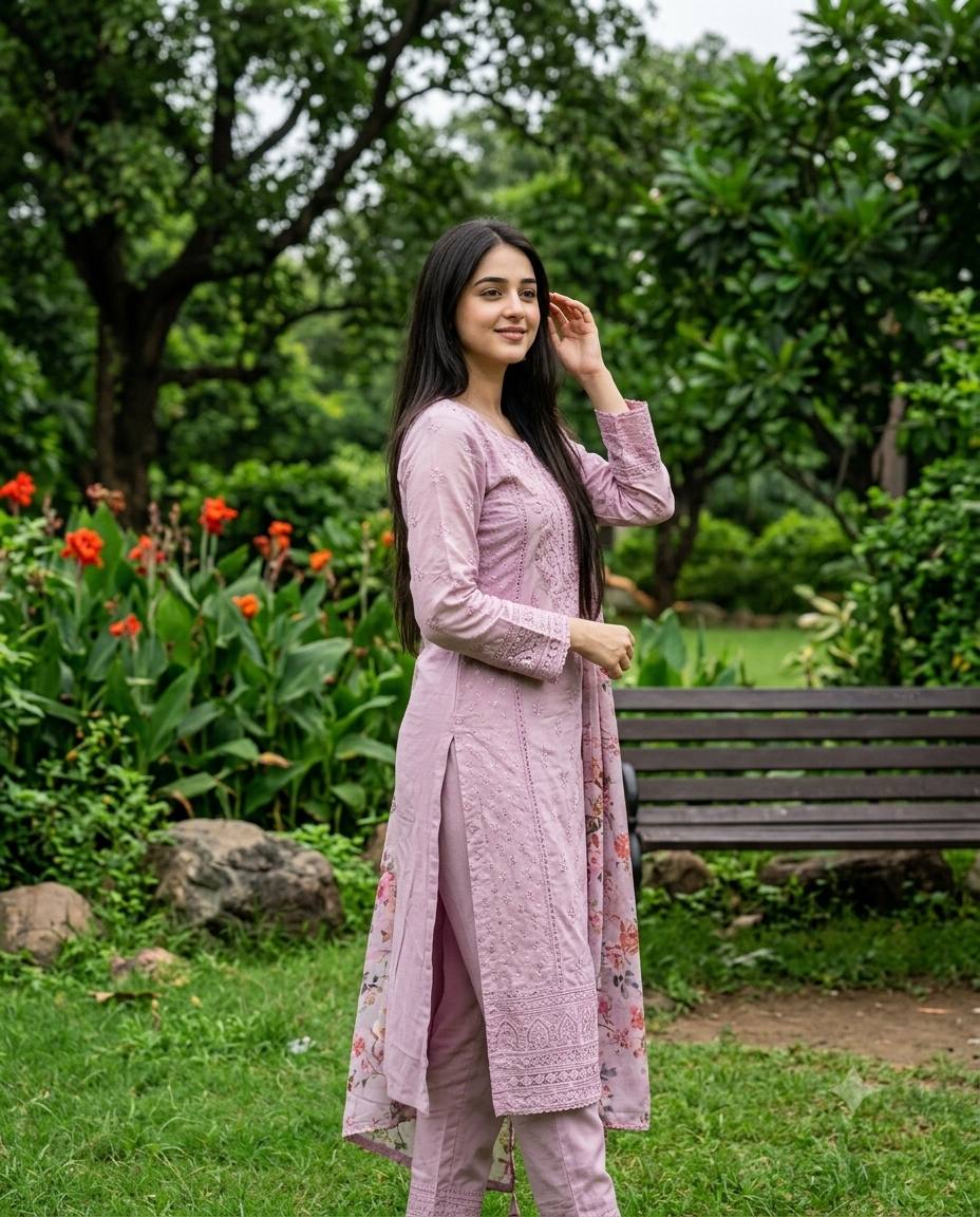 Pastel lilac salwar kameez portrait AI prompt | Floral dupatta & natural smile