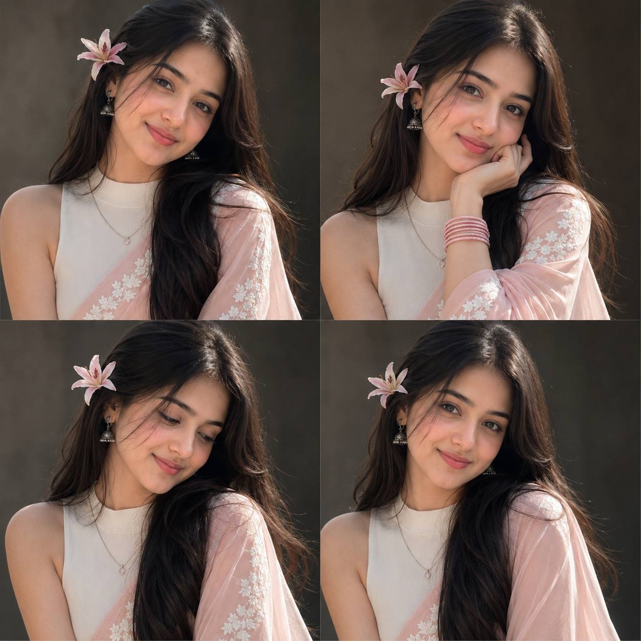 Photorealistic 2×2 Saree Portrait Collage with Pink Lily – AI Image Prompt