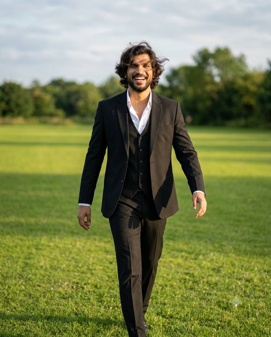 Photorealistic Black Suit Portrait – Smiling Man Walking Across Green Field | AI Photo Prompt