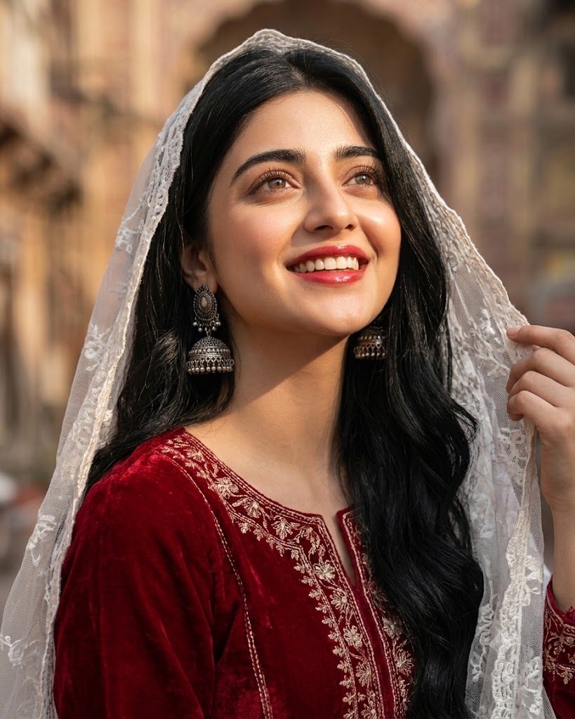 Photorealistic Indian Woman in Red Velvet Kurta with White Lace Dupatta Ai Prompt