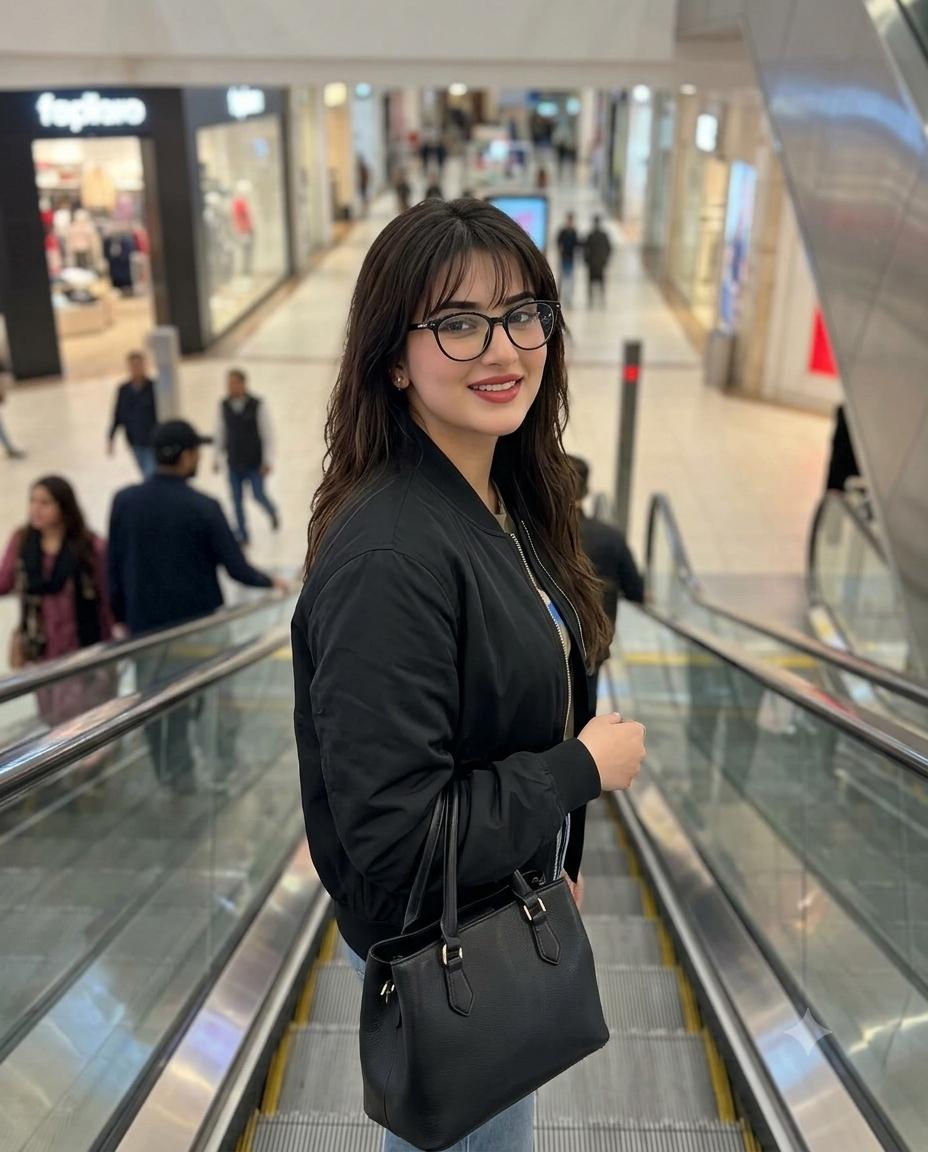 iPhone Escalator Candid Photorealistic Style AI Image Prompt | Black Bomber Jacket & Glasses