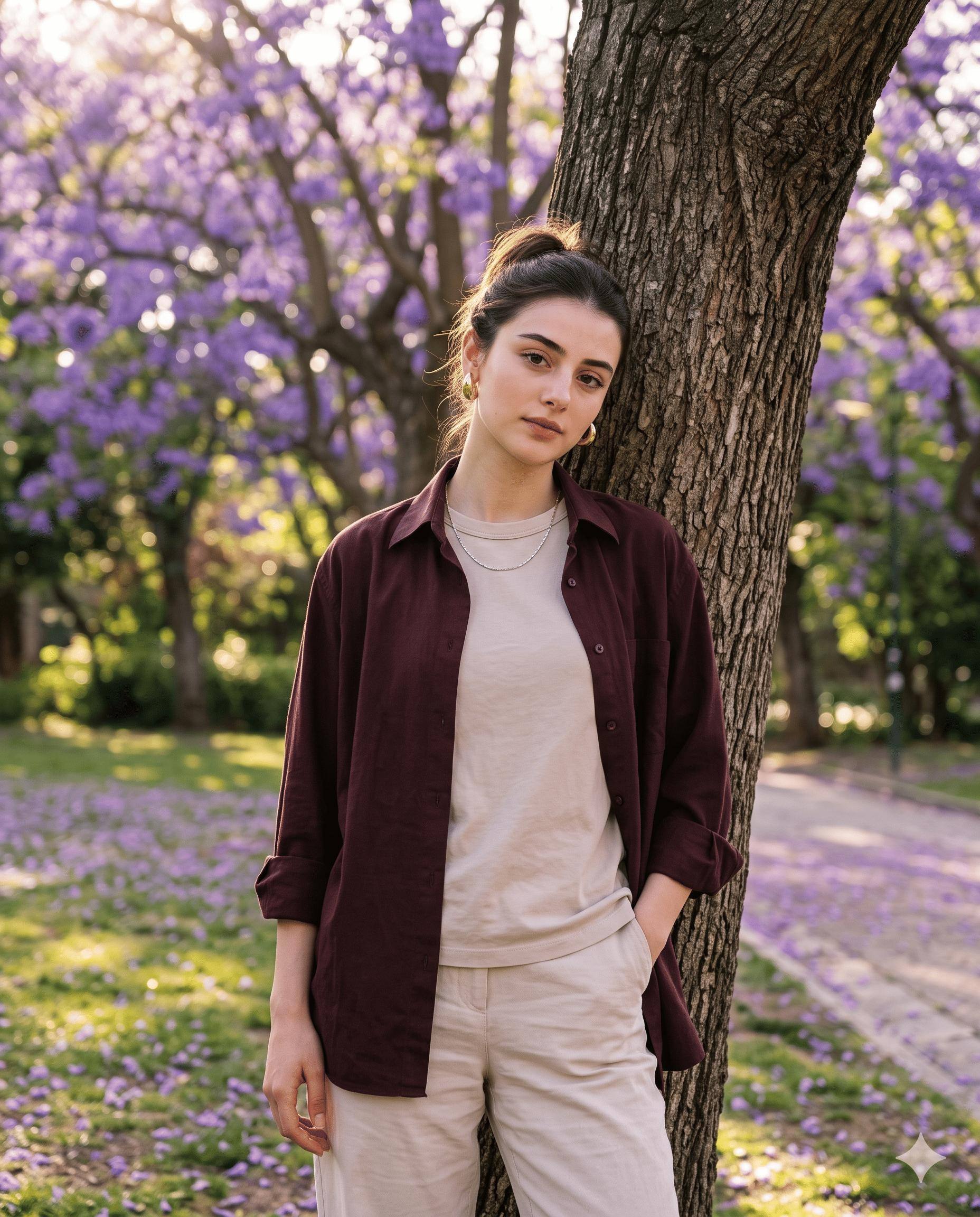 female Portrait AI Image Prompt Gemini | Burgundy Shirt, Purple Blossoms & Golden-Hour Photography
