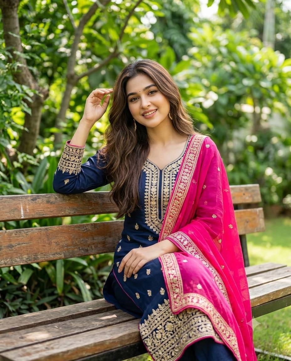 Navy blue salwar suit portrait AI prompt | Elegant garden fashion