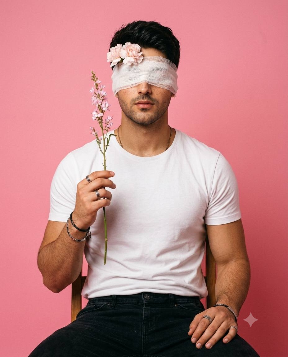 Pink studio blindfold portrait AI prompt | Curly-haired man and floral editorial style