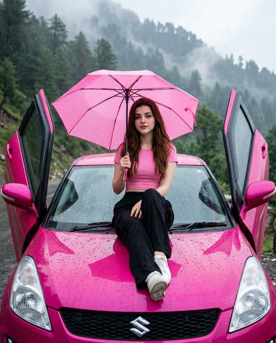 Pink Swift rain portrait AI prompt | Umbrella, scissor doors & mountains