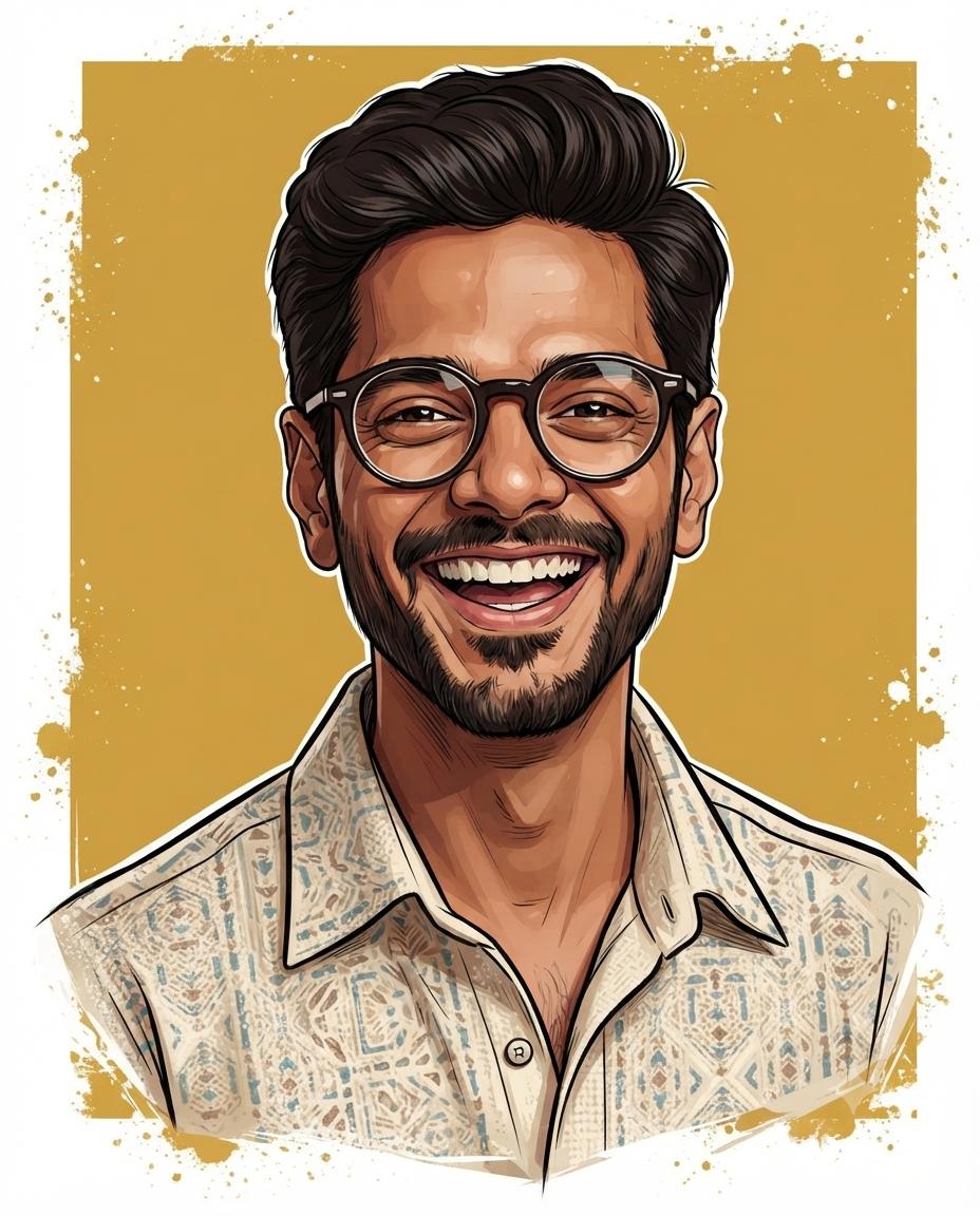 Ultra-Realistic Portrait Caricature of a Man with Joyful Laugh and Circular Glasses