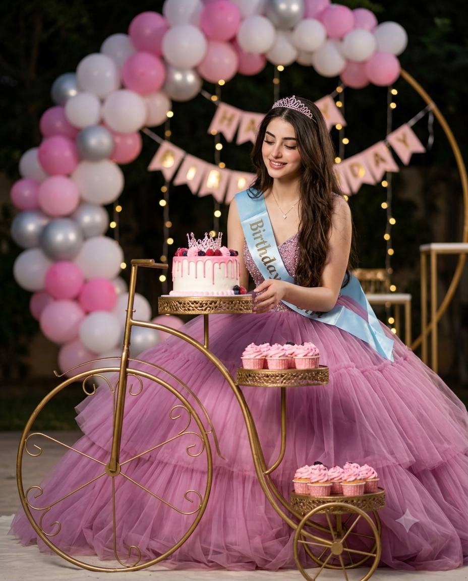 Princess birthday Photoshoot AI prompt | Pink gown, tiara & bicycle cake stand