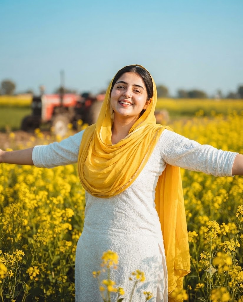 Punjabi Sarson Field Portrait of a Smiling Woman in White Suit and Yellow Dupatta AI Prompt