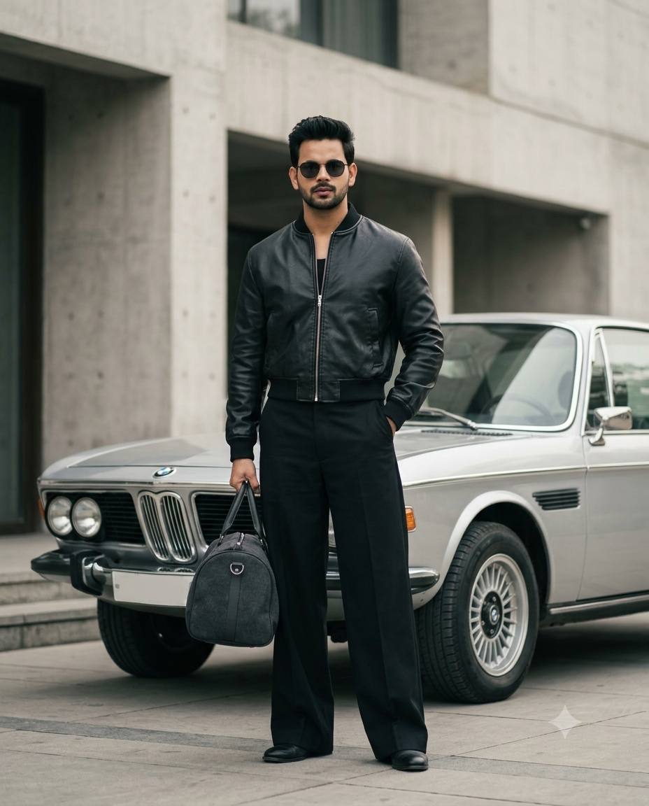 Fashion Editorial with Vintage Silver BMW – Realistic Male Streetwear Portrait | AI image prompt
