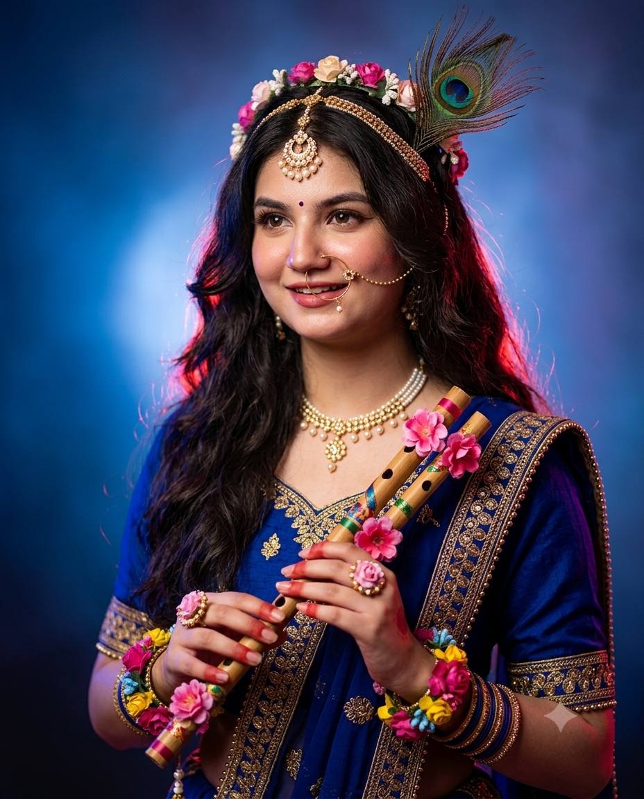 Radha-Inspired Indian Woman in Deep Blue Lehenga with Flute - Ultra-Realistic AI Image Prompt