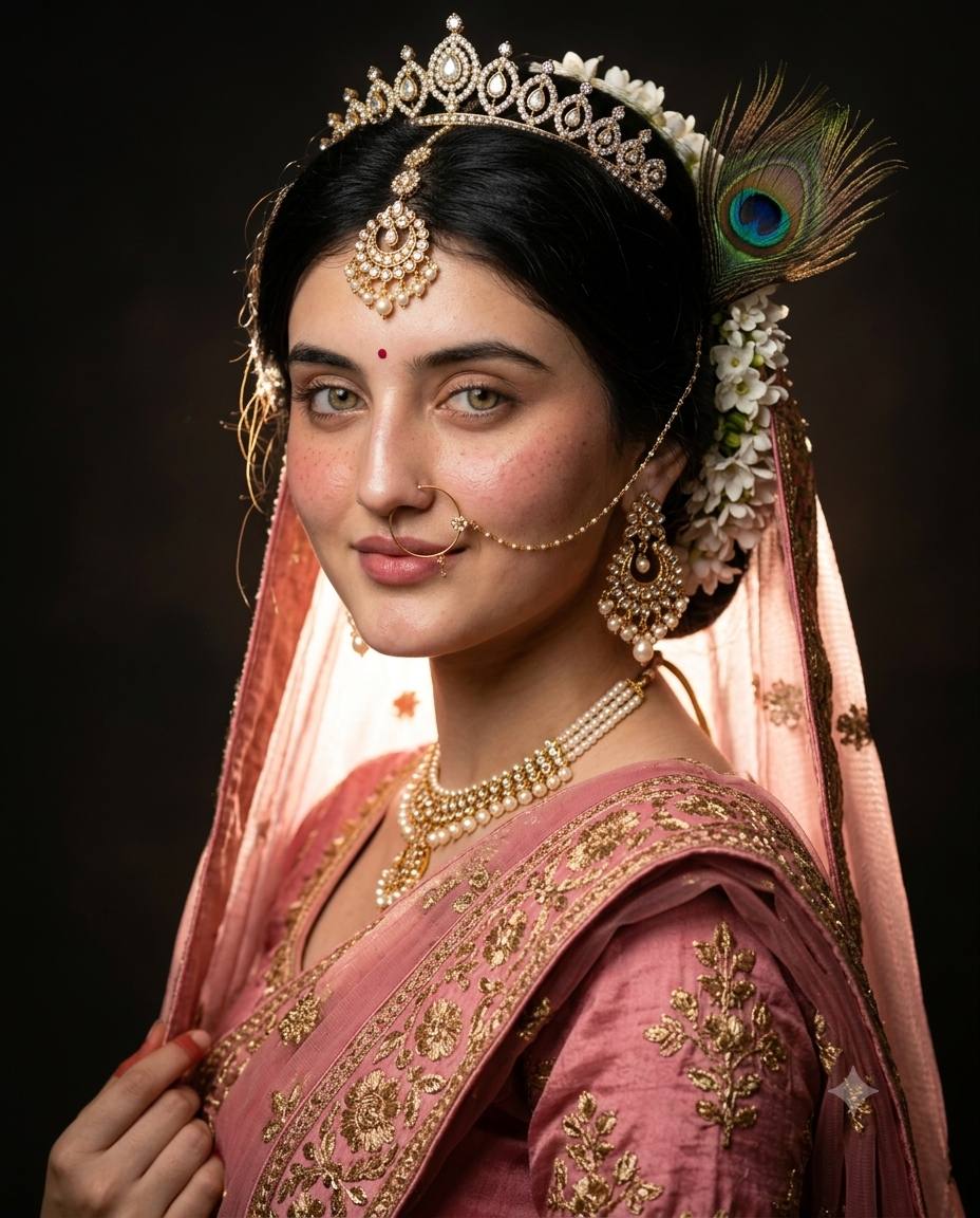 Radha-Inspired Indian Woman in Pink Embroidered Saree - Ultra-Realistic Portrait AI Prompt