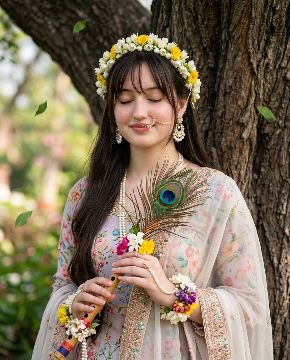 Radha-Inspired Outdoor Portrait AI Prompt : Floral Lehenga & Peacock Flute