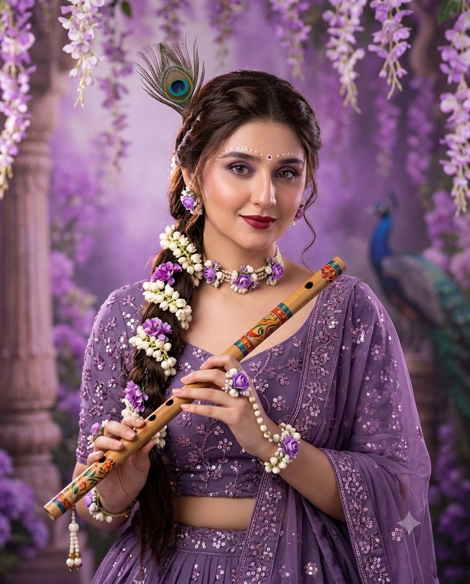 Radha-Inspired Portrait AI Image Prompt | Lavender Lehenga, Flute, and Peacock Feather
