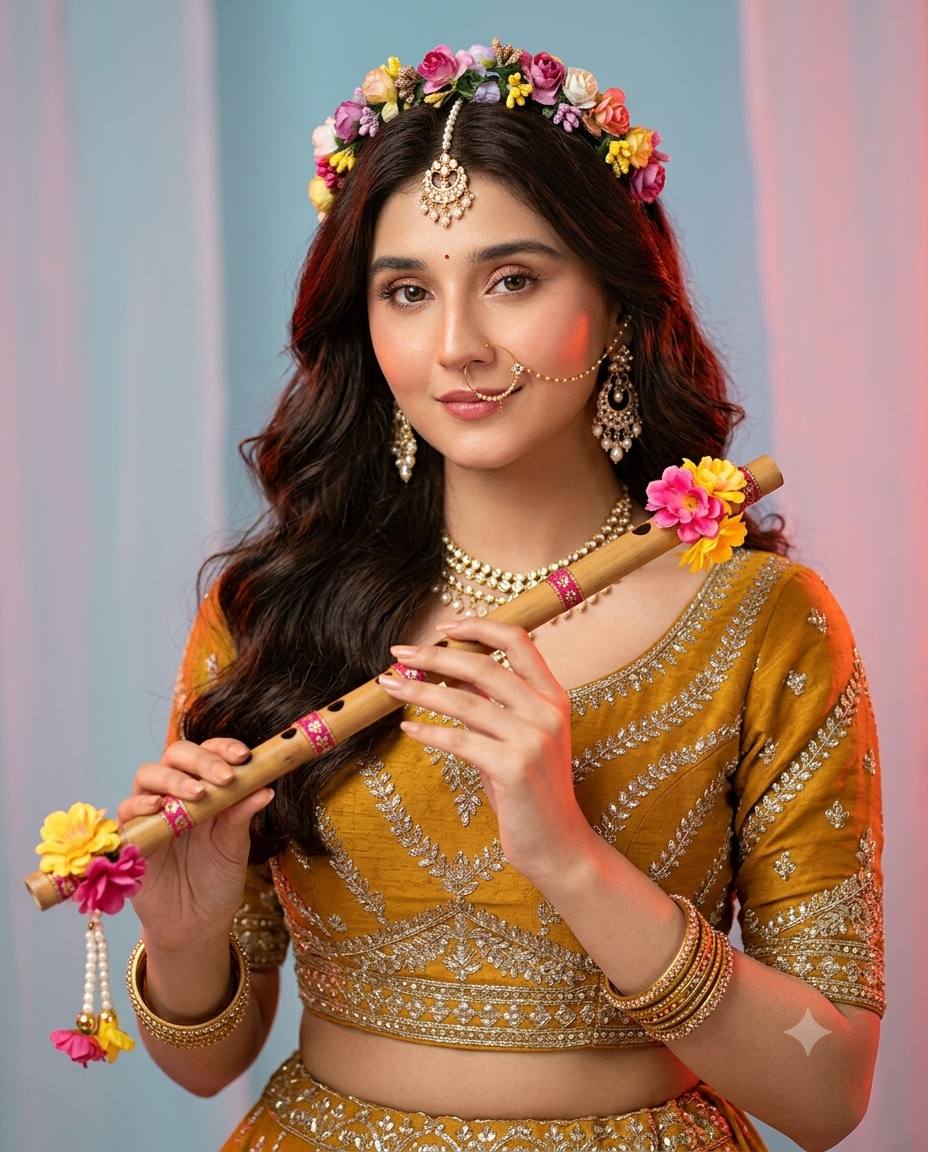 Radha-Inspired Traditional Indian Woman Portrait AI Prompt | Golden Lehenga & Flute AI image prompt