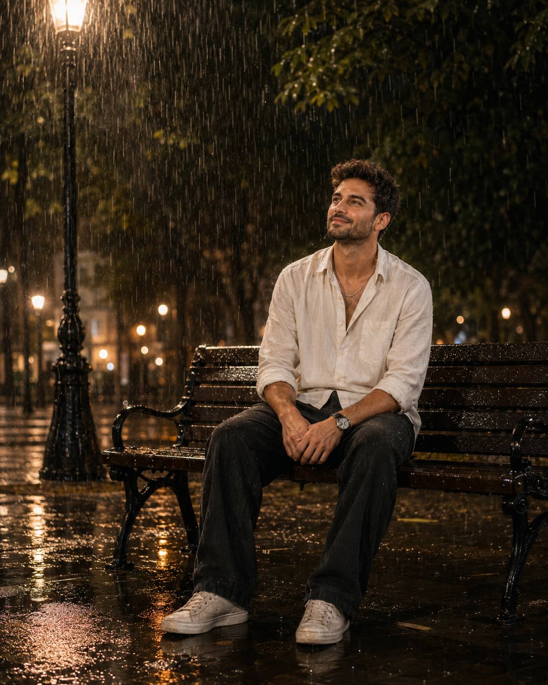 Rainy Evening Park Portrait of a Thoughtful Young Man – Ultra-Realistic 8K AI Image Prompt