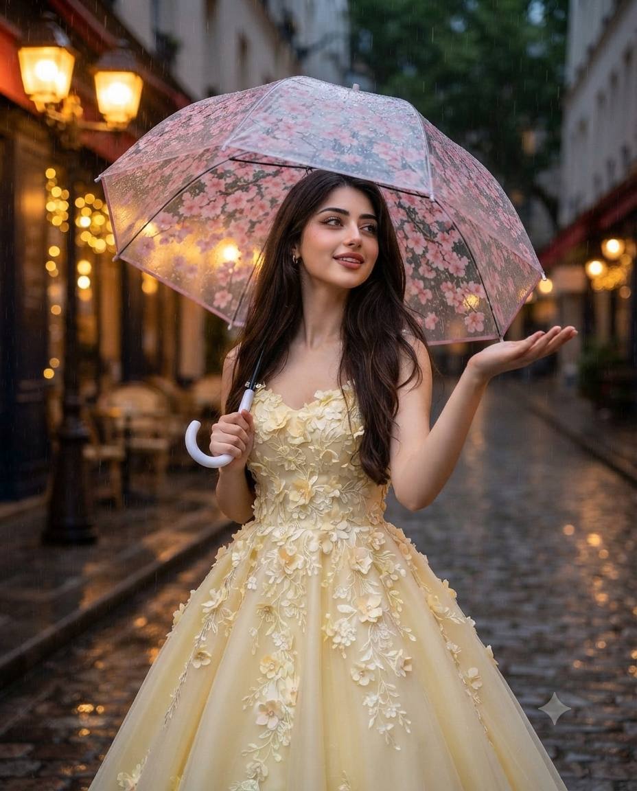 Rainy Night Café Street Princess Portrait in Pastel Yellow Gown | AI Image Prompt