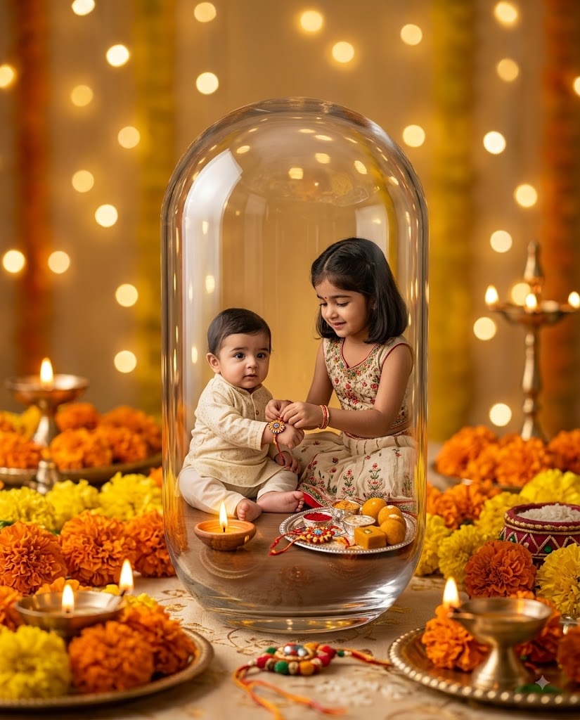 Raksha Bandhan AI Photo Prompt – Magical Glass Capsule Brother-Sister Celebration