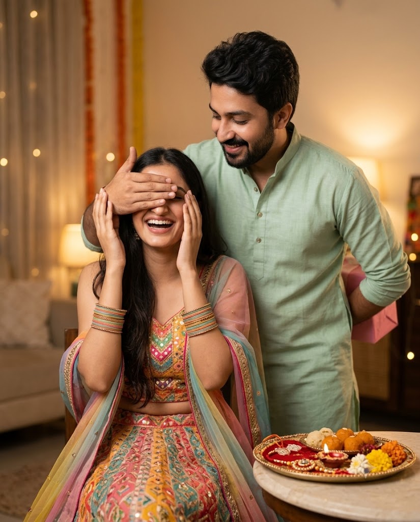 Raksha Bandhan Surprise: Cinematic AI Portrait of Brother Covering Sister's Eyes AI image prompt: