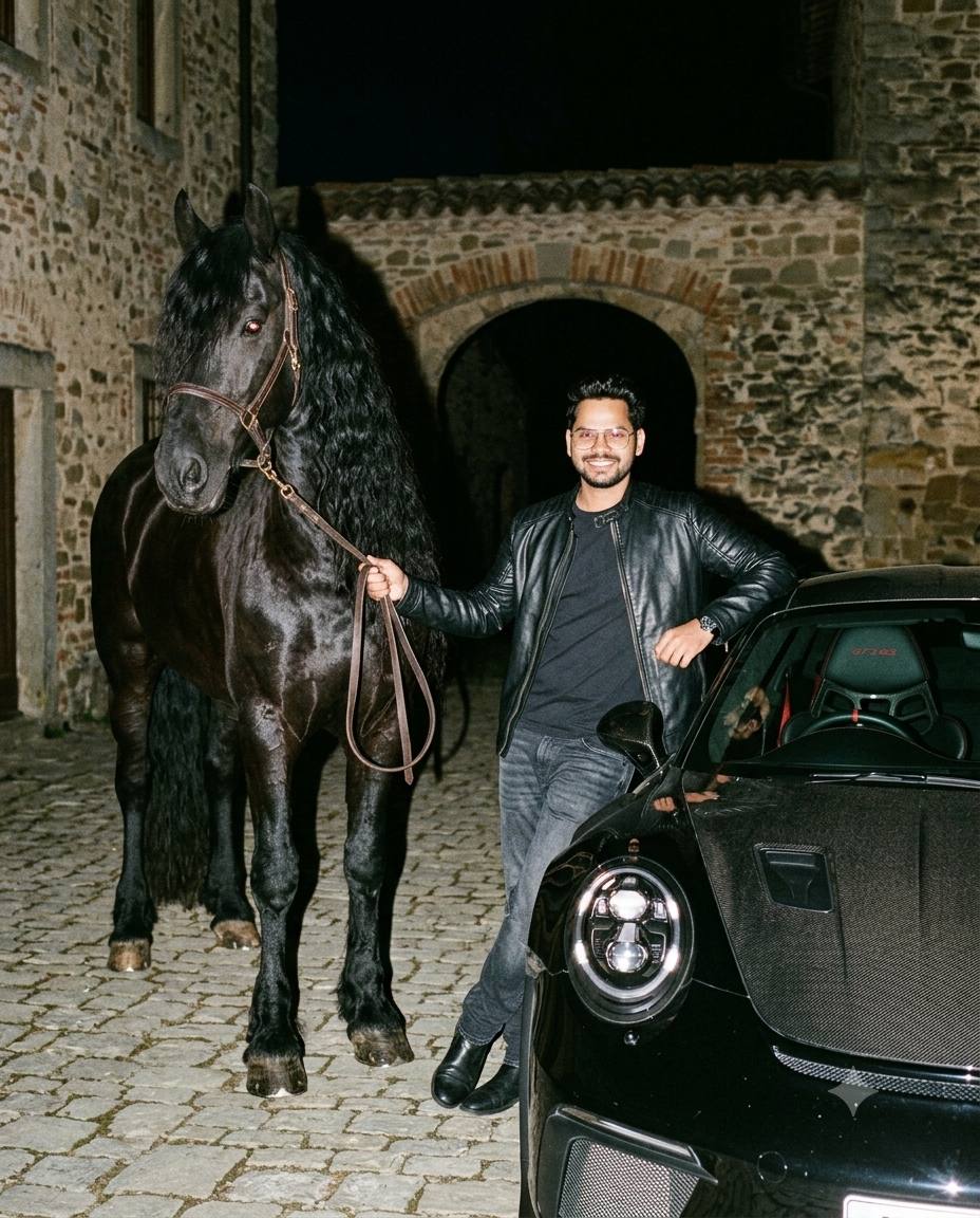 Raw 35mm Flash Photography AI Image Prompt with Porsche 911 GT3 RS and Black Friesian Horse