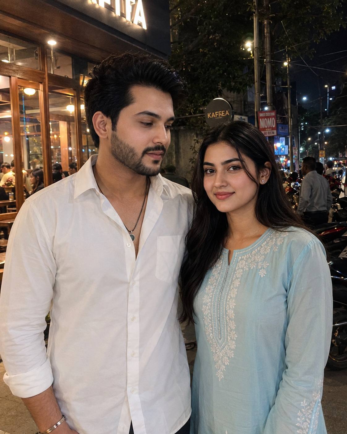Realistic Night Café Candid Portrait of a Young Indian Couple AI Image Prompt