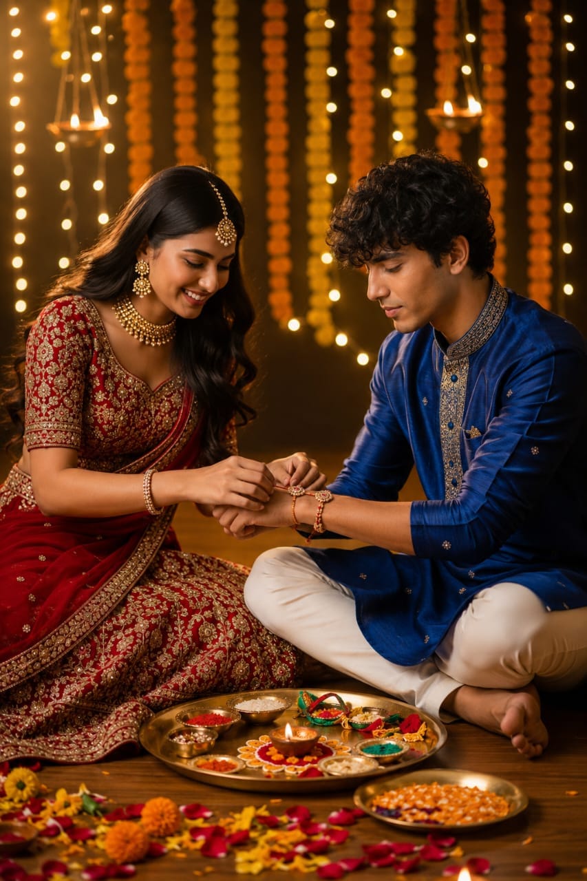 Realistic Raksha Bandhan Brother-Sister Photo Prompt – Exact Face & Pose AI Image