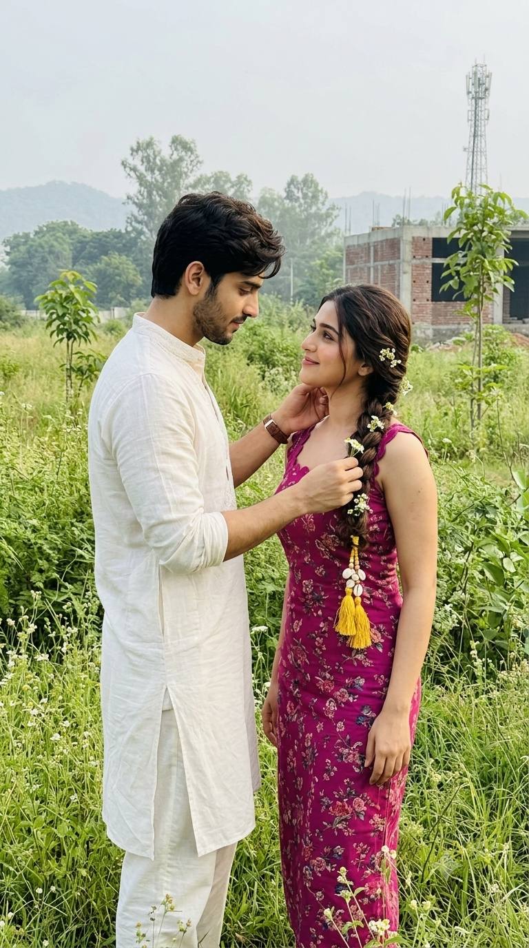 Romantic couple green field AI prompt | iPhone 16 Pro Max portrait
