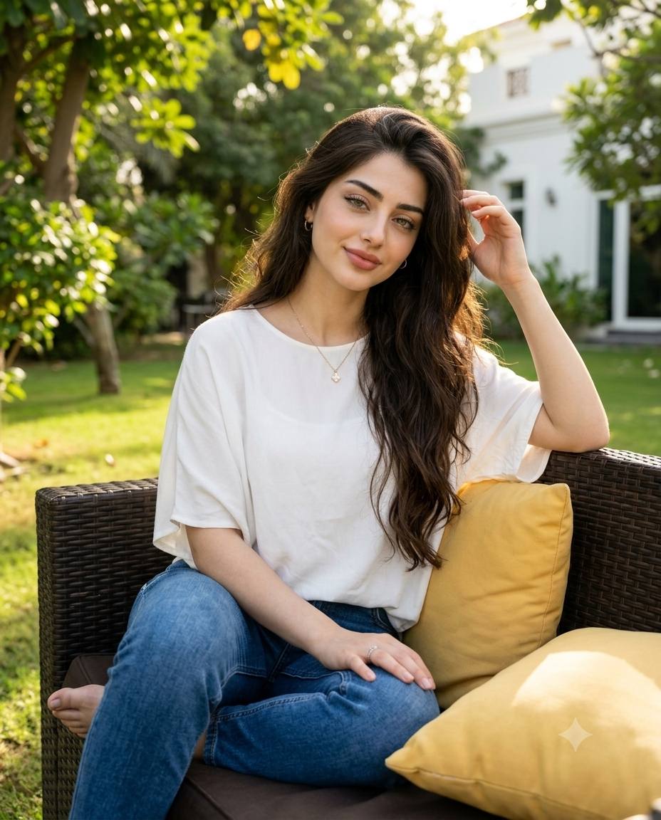 Realistic Woman in Garden Café | AI Lifestyle Portrait photo Prompt