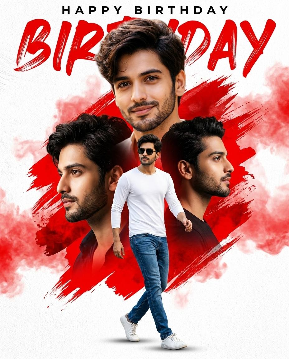 Red & White Birthday Poster Ai Prompt | Cinematic Multi-Portrait AI Photo Collage