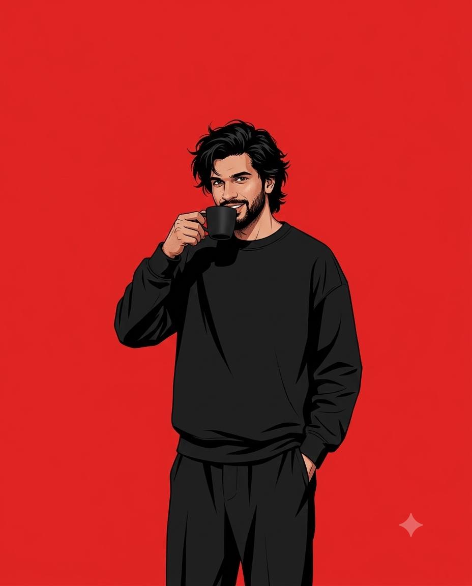 Red background man illustration AI prompt | Black outfit and coffee mug