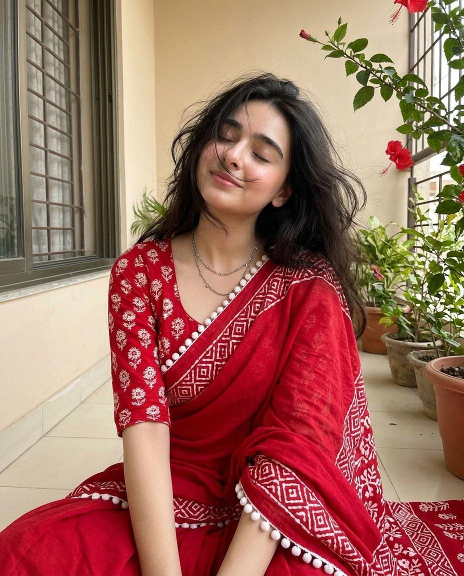 South Asian Woman Red Saree Portrait AI Image Prompt | Balcony Daylight & Hibiscus